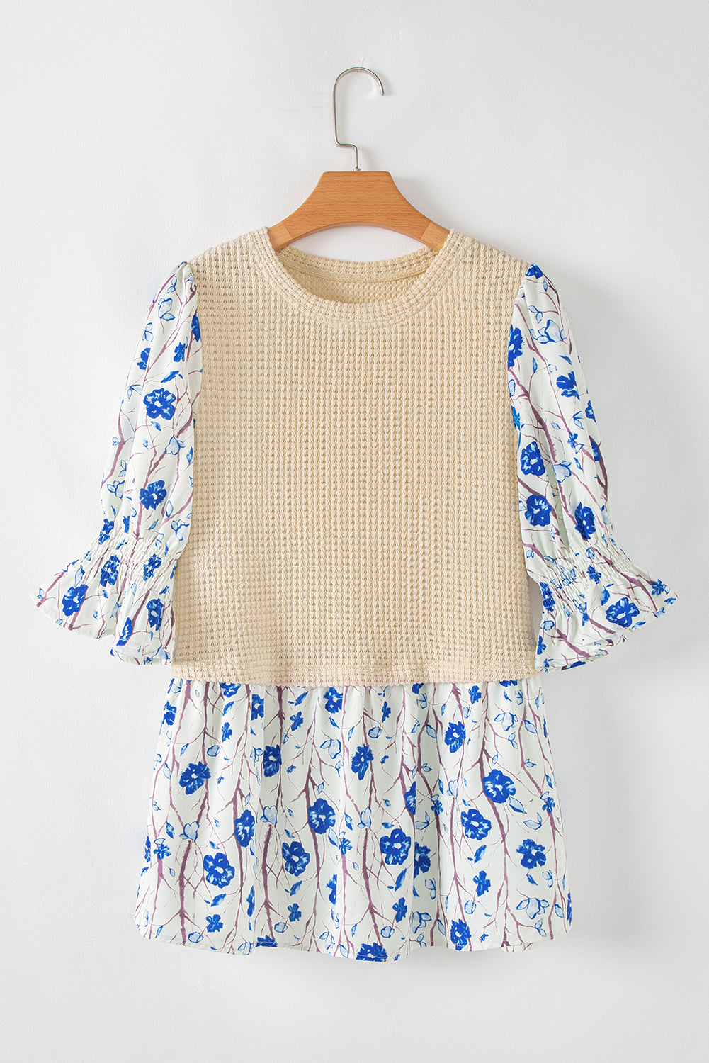 Beige Waffle Floral Patchwork Peplum Blouse