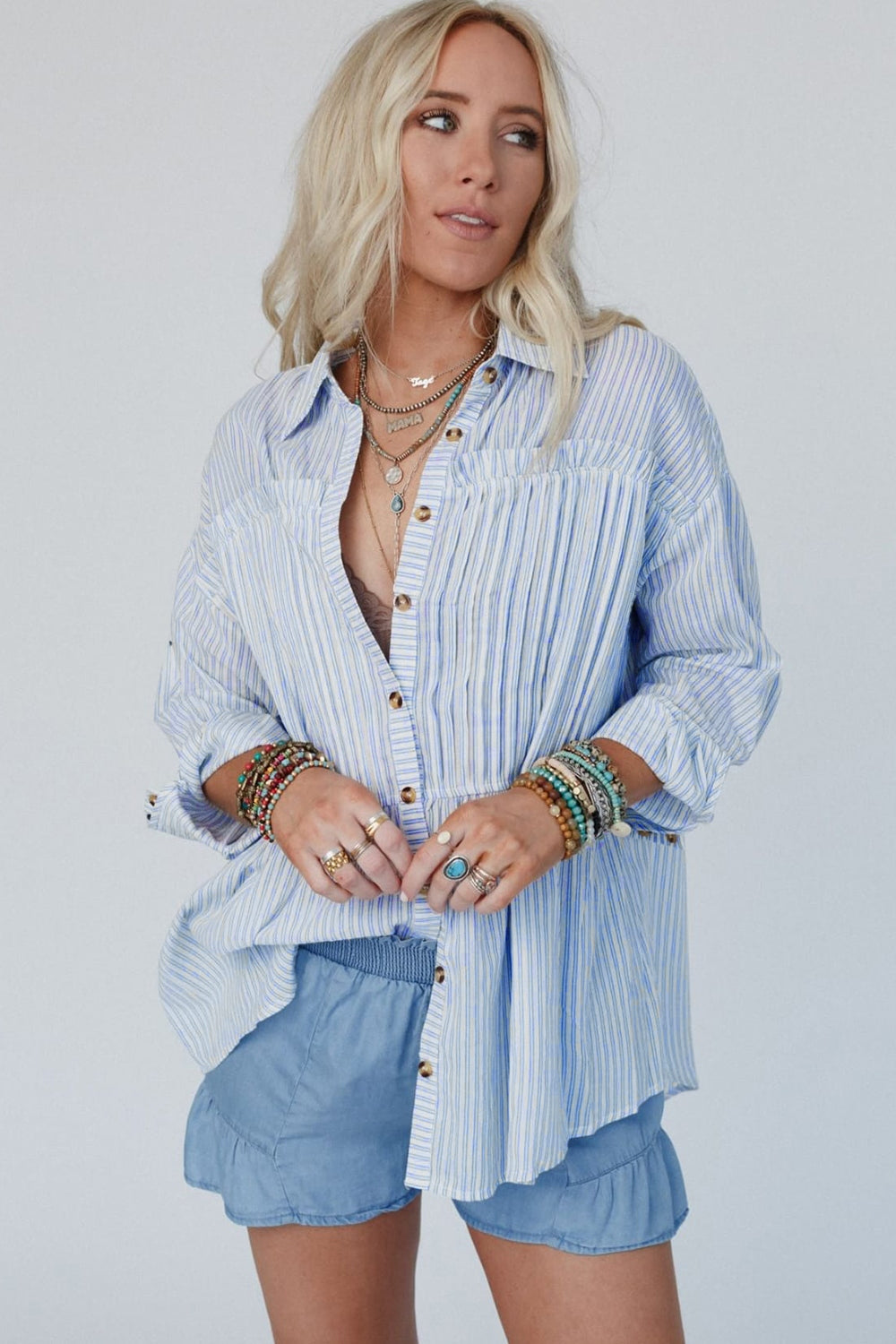 High-Low Striped Collared Neck Long Sleeve Shirt-True and Wild