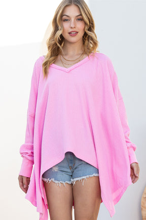 Pink Waffle Textured V-Neck Oversized Top-True and Wild