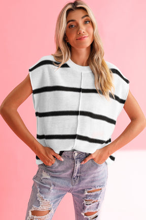 White Striped Center Seamed Short Sleeve Sweater