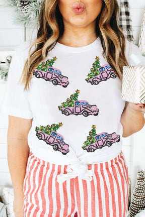 White Truck Christmas Tree Patched Pattern Crewneck Tee