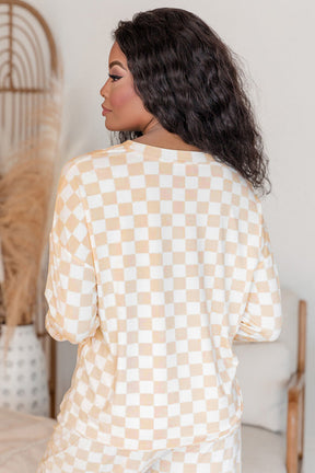 Beige Checkered Print Long Sleeve Loose Fit Pajama Set-True and Wild