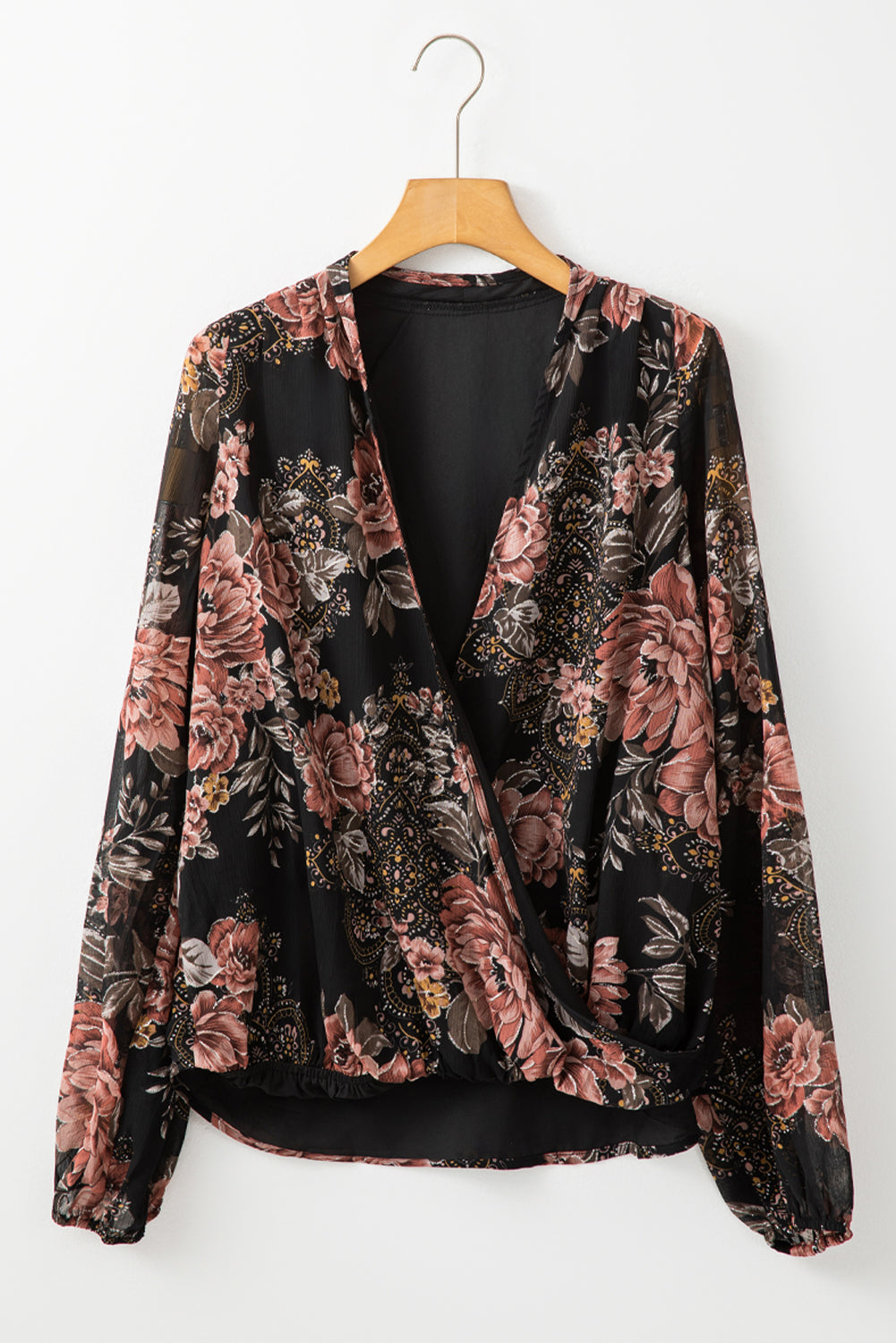 Black Floral Print Criss Cross V Neck Balloon Sleeve Blouse-True and Wild