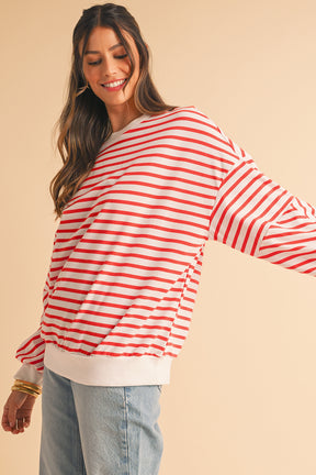 Blue Stripe Drop Shoulder Crew Neck Loose Sweatshirt-True and Wild