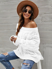 Cable Knit Openwork Off-Shoulder Sweater-True and Wild