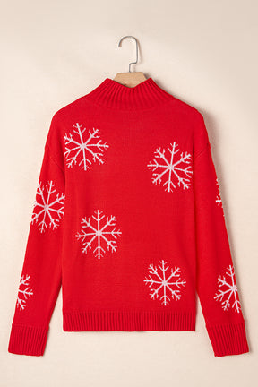 Fiery Red Christmas Snow Printed High Neck Sweater-True and Wild