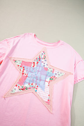 Pink Vibrant Star Patchwork Loose T-shirt-True and Wild