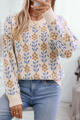 Sweaters - Apricot Floral Pattern Crew Neck Sweater