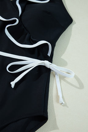 Black Color Contrast Ruffled Wrap V Neck Swimsuit