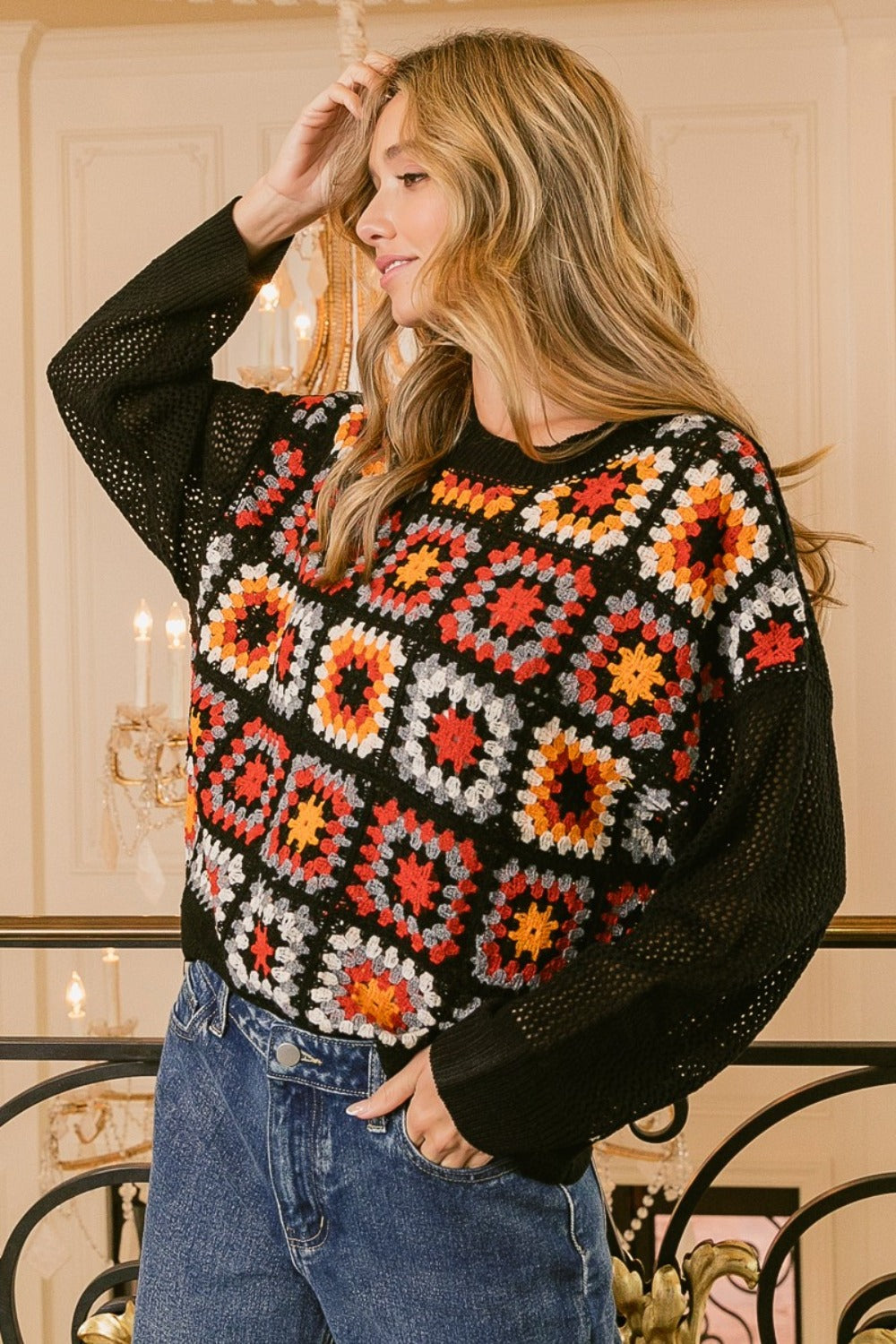 BiBi Granny Square Front Long Sleeve Top-True and Wild