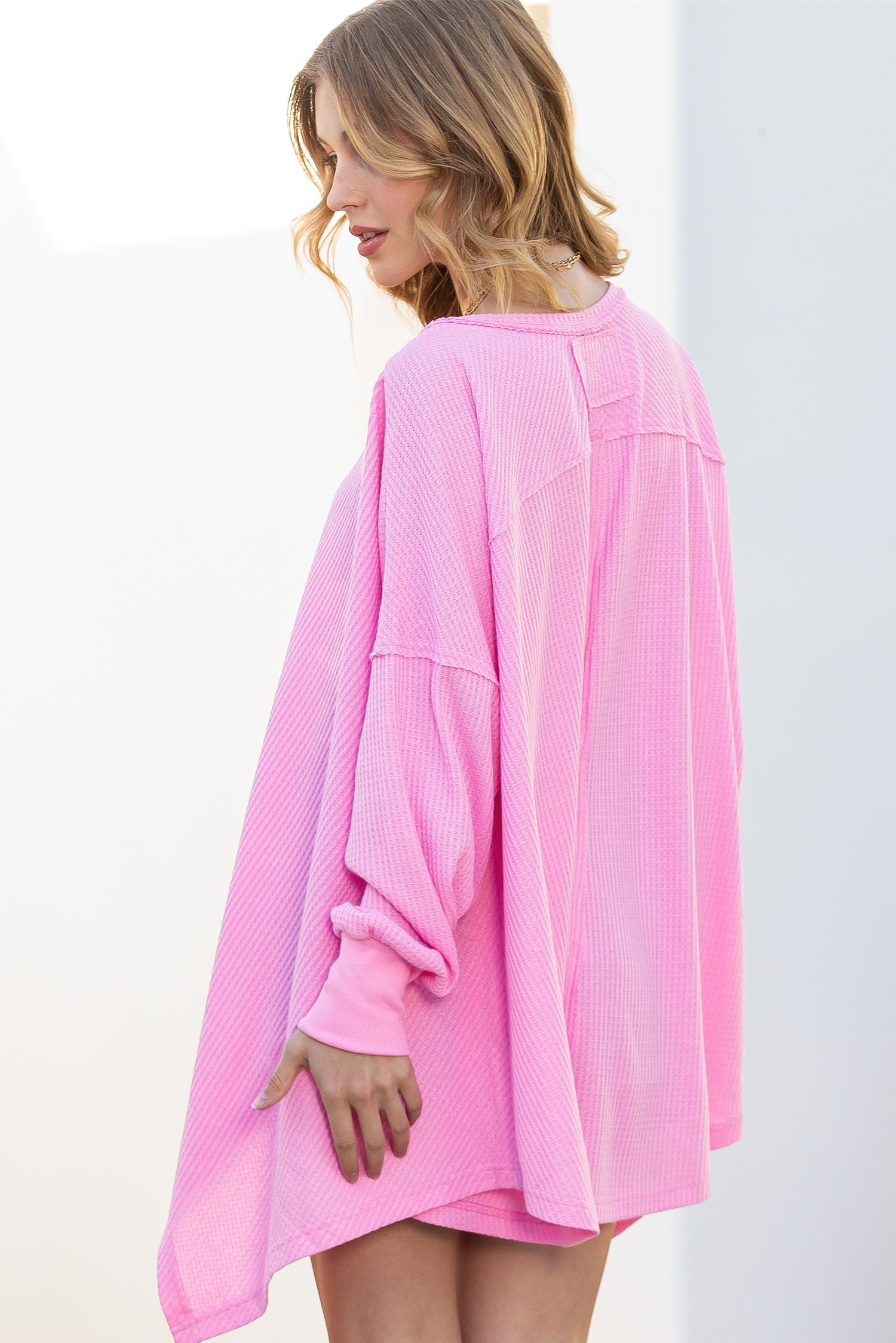 Pink Waffle Textured V-Neck Oversized Top-True and Wild