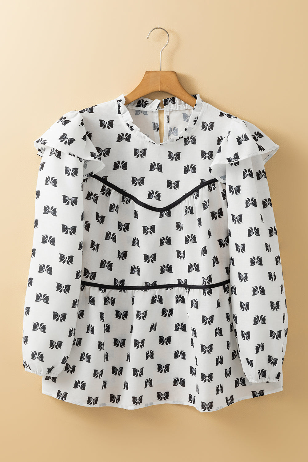 White Bowknot Print Frill Crew Neck Flowy Blouse