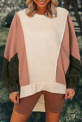 Beige Patchwork High Low Oversized Hoodie-True and Wild