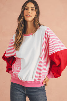 Rose Red Striped Patchwork Side Pocket Loose Sweatshirt-True and Wild