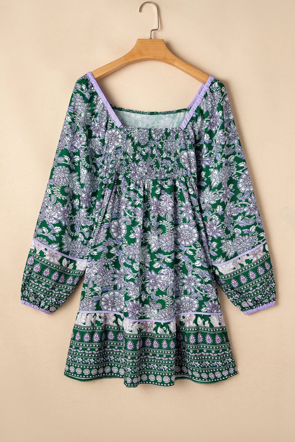 Green Floral Print Piping Trim Bubble Sleeve Bohemian Dress