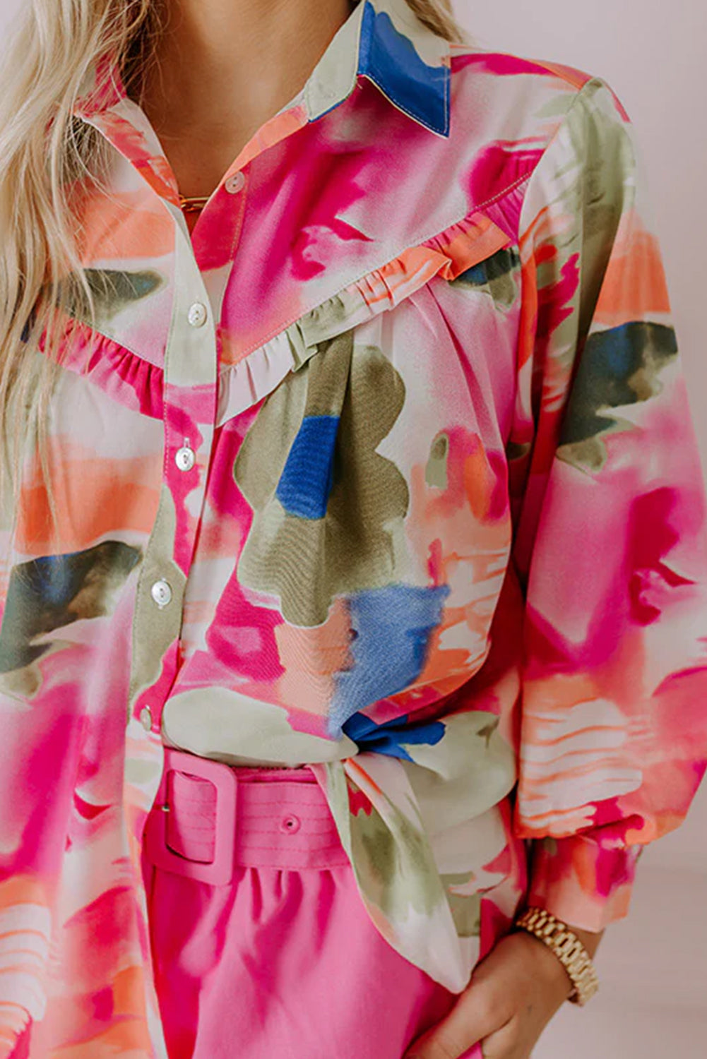 Rose Abstract Print Ruffled Puff Sleeve Shirt-True and Wild