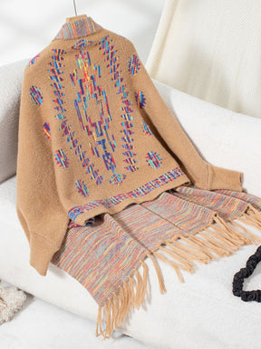 Fringe Geometric Open Front Long Sleeve Cape-True and Wild