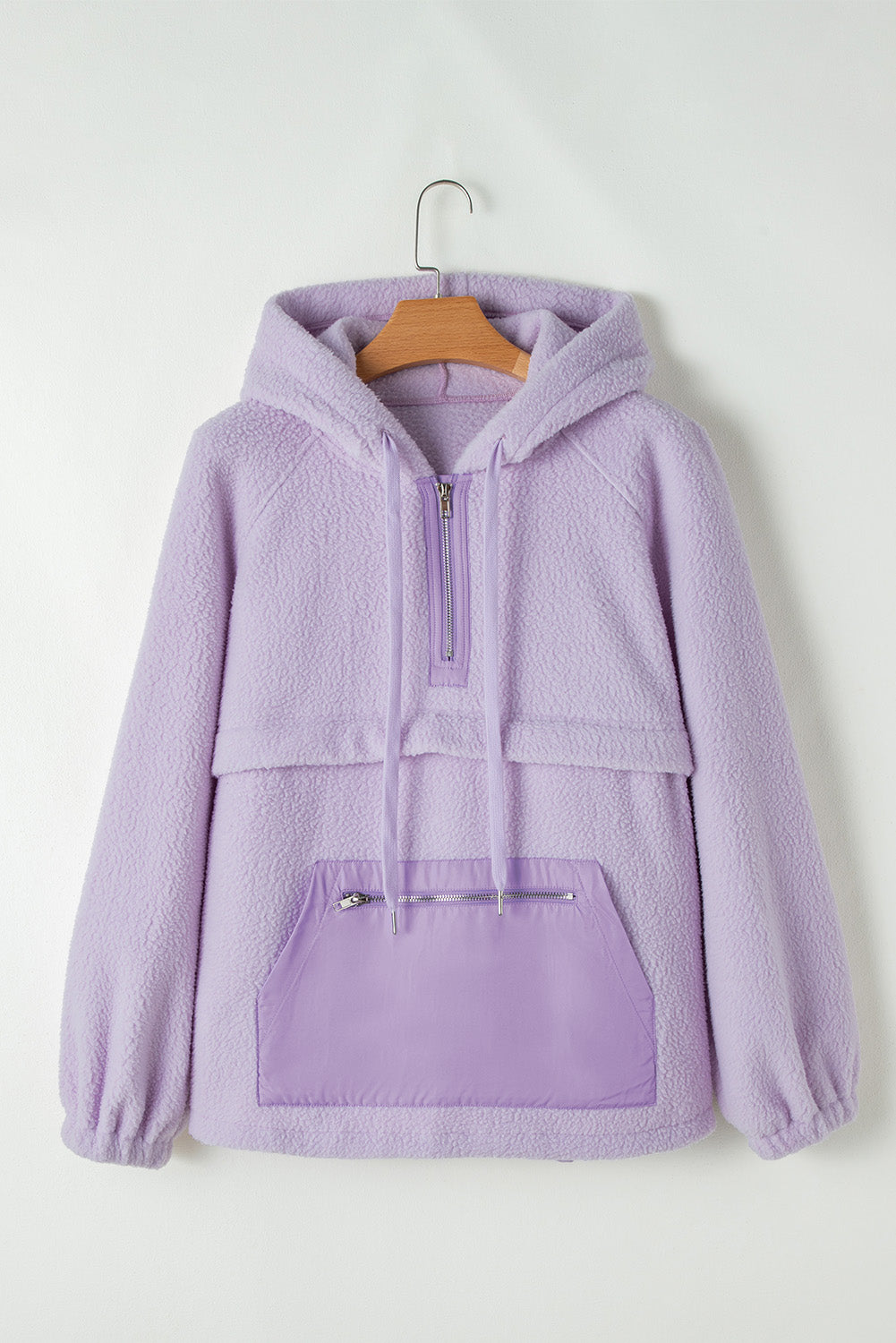 Lavendula Zipped Patch Pocket Fuzzy Drawstring Hoodie-True and Wild