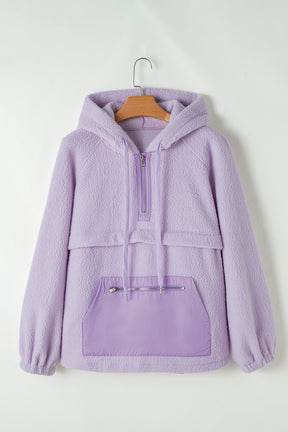 Lavendula Zipped Patch Pocket Fuzzy Drawstring Hoodie-True and Wild