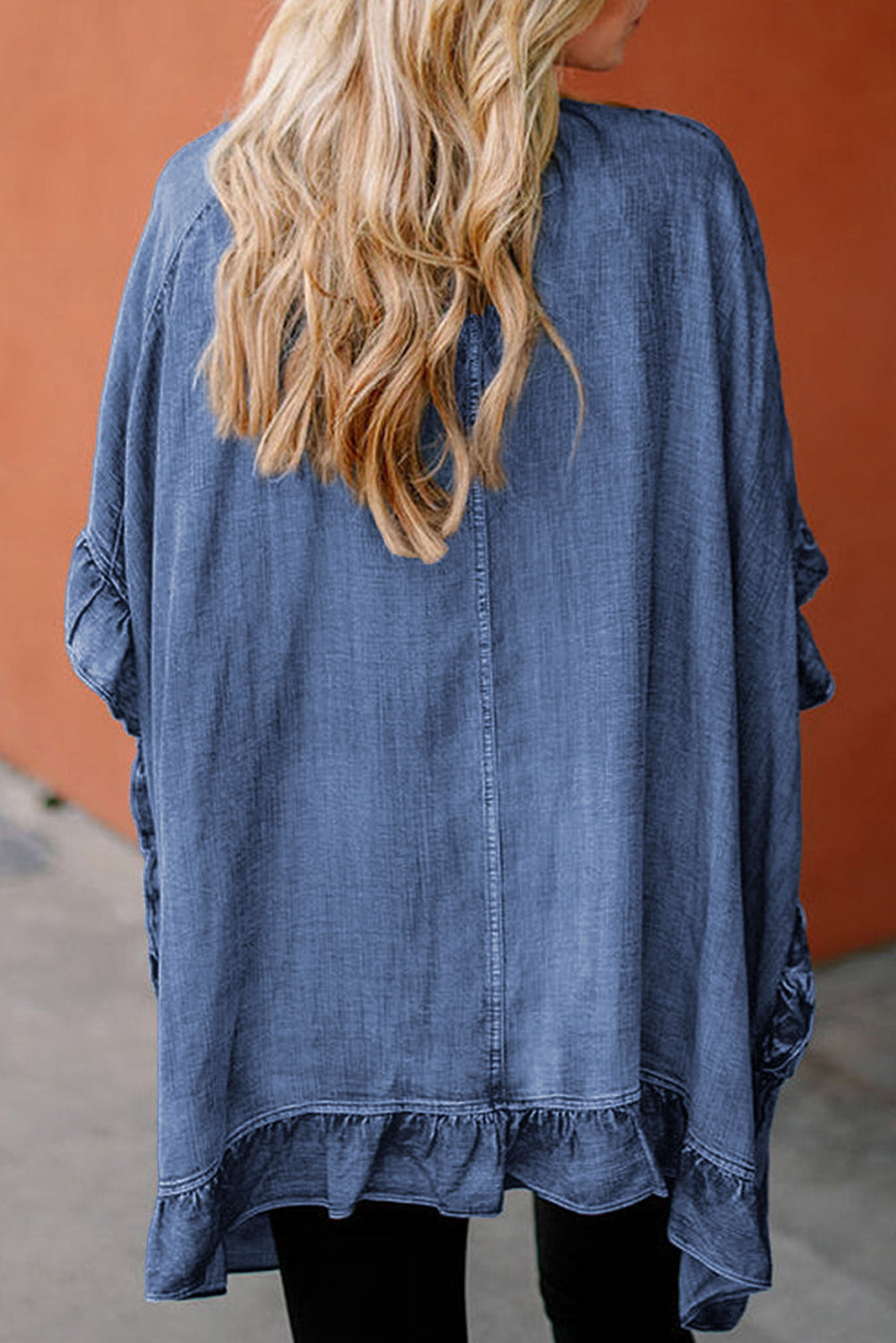 Dusk Blue Half Sleeve Ruffle Edge Chambray Open Kimono-True and Wild