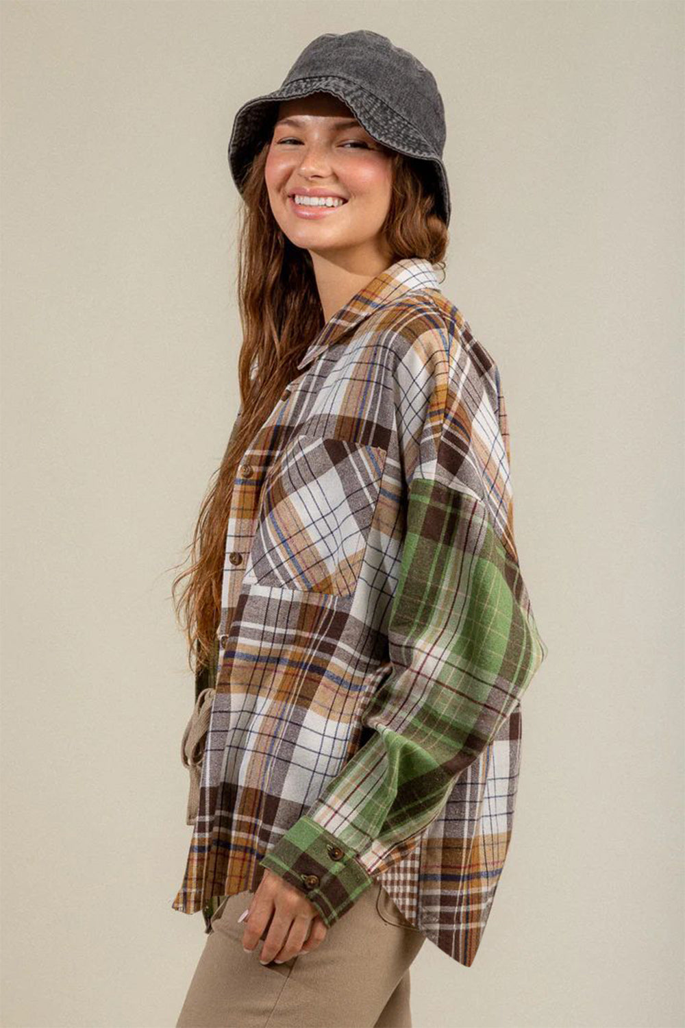 Plaid Collared Neck Long Sleeve Shirt-True and Wild