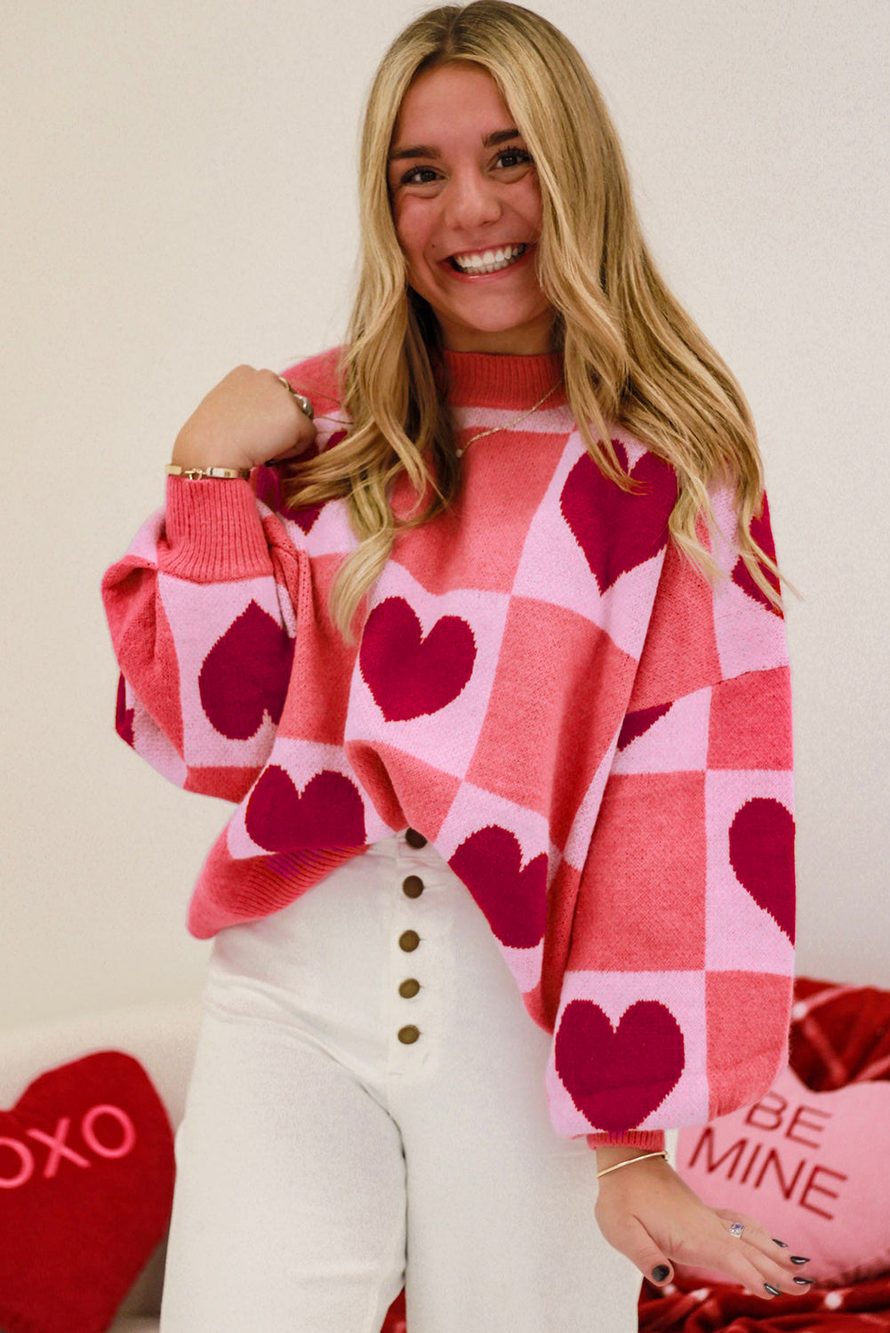 Pink Plus Size Heart Colorblock Mock Neck Lantern Sleeve Sweater-True and Wild