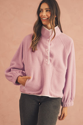 Fushia High Collar Long Sleeve Pocket Pullover Sweatshirt-True and Wild