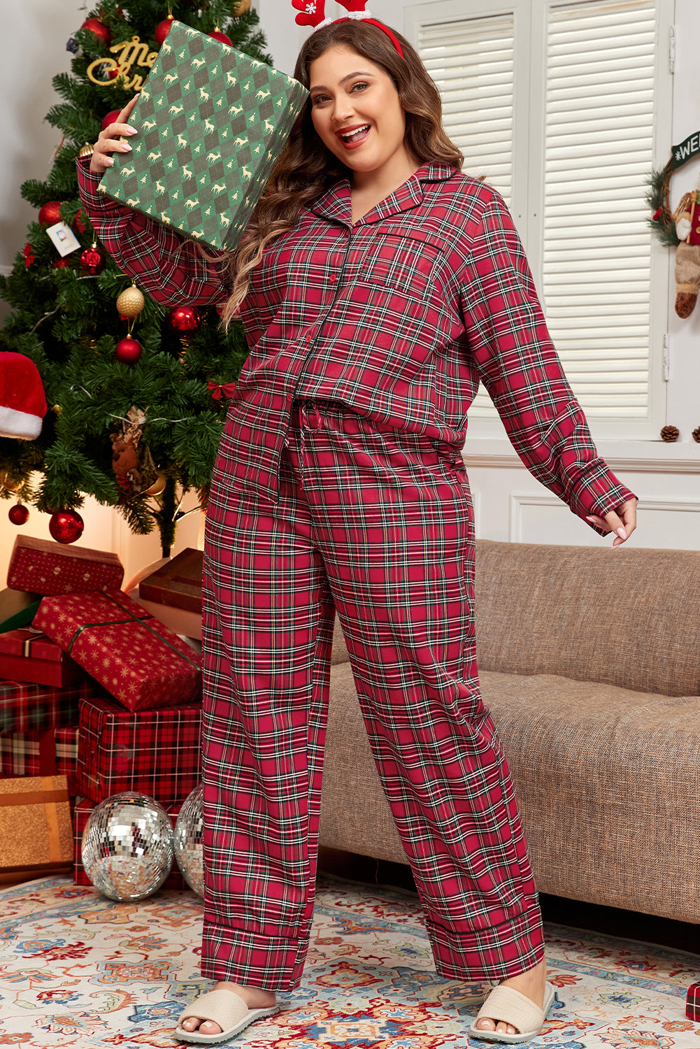 Red Plaid Print Shirt and Drawstring Pants Plus Size Pajama Set-True and Wild