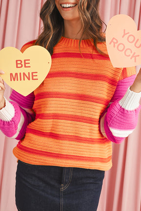 Orange Striped Colorblock Puff Sleeve Sweater-True and Wild