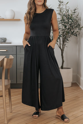 Black Solid Color Open Back Sleeveless Wide Leg Jumpsuit-True and Wild