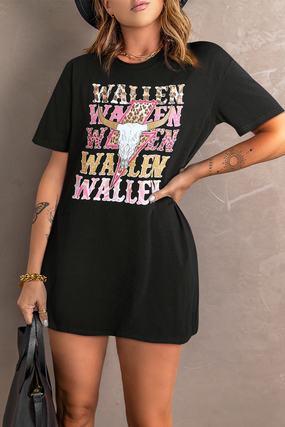 Black WALLEN Letter Print Animal Graphic Oversized Tee-True and Wild