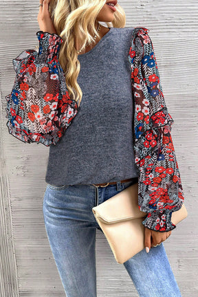 Blue Floral Ruffle Sleeve Patchwork Top-True and Wild