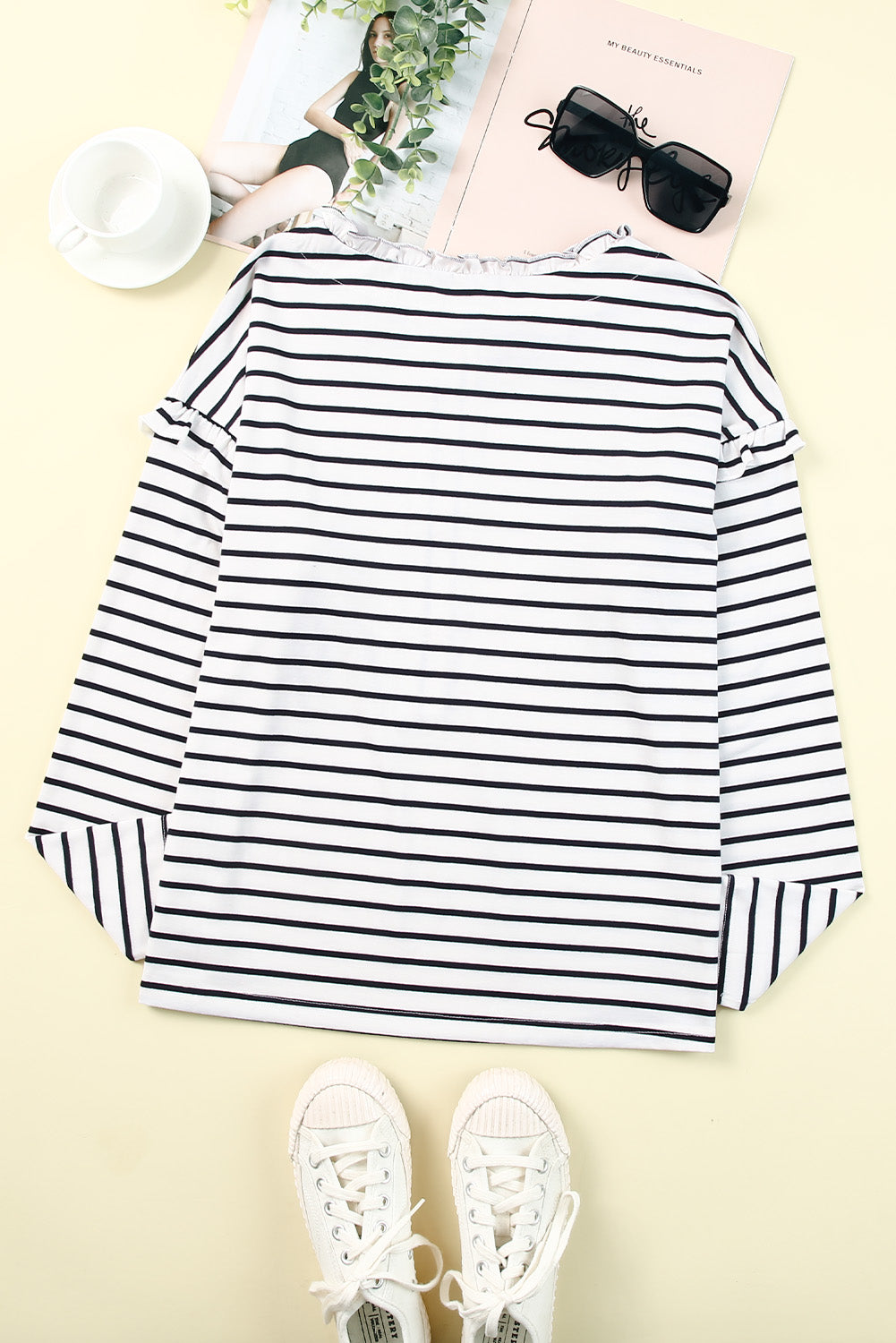 White Striped Snap Button Ruffle Trim Long Sleeve Top