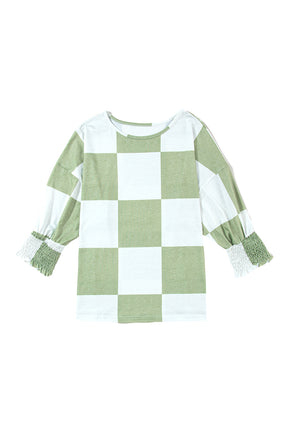 Grass Green Checkered Ruffle Smocked Cuffs Tee-True and Wild