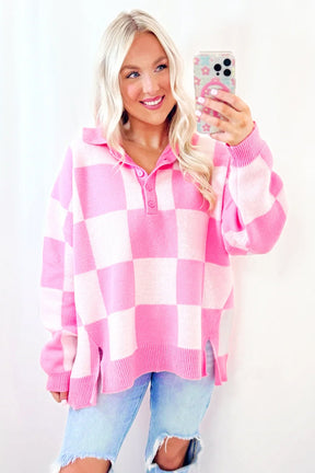 Pink Checkered Button Collared Sweater-True and Wild