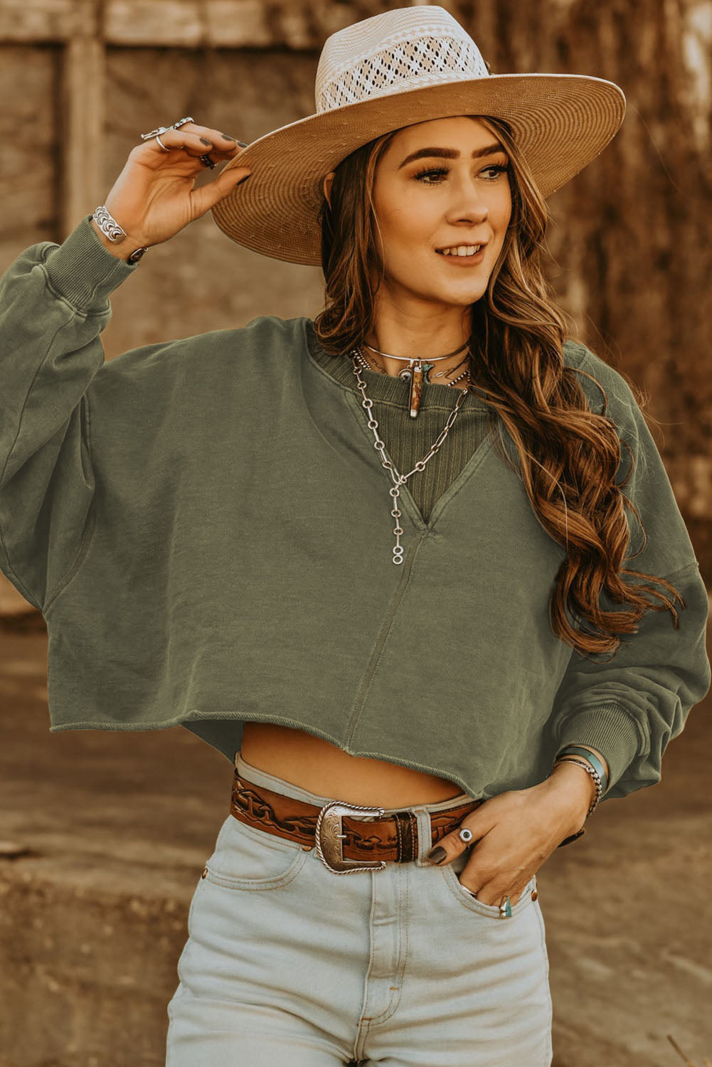 Green Casual Drop Shoulder Cropped Sweatshirt-True and Wild