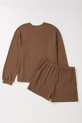 Chestnut Corded Long Sleeve Top and High Waist Shorts Set-True and Wild