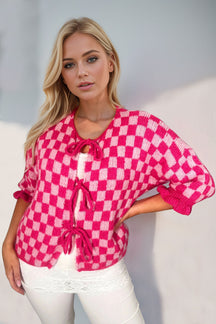 Double Take Tied Checkered Dropped Shoulder Flounce Sleeve Cardigan-True and Wild