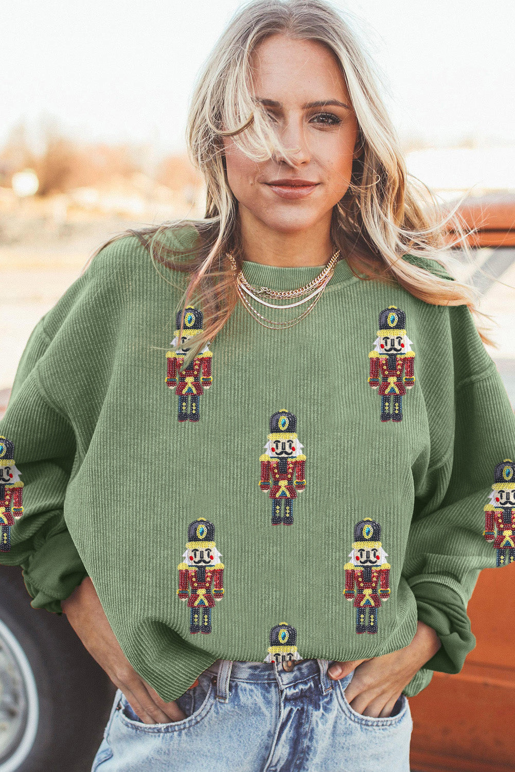 Grass Green Christmas Nutcracker Graphic Corded Pullover Sweatshirt-True and Wild