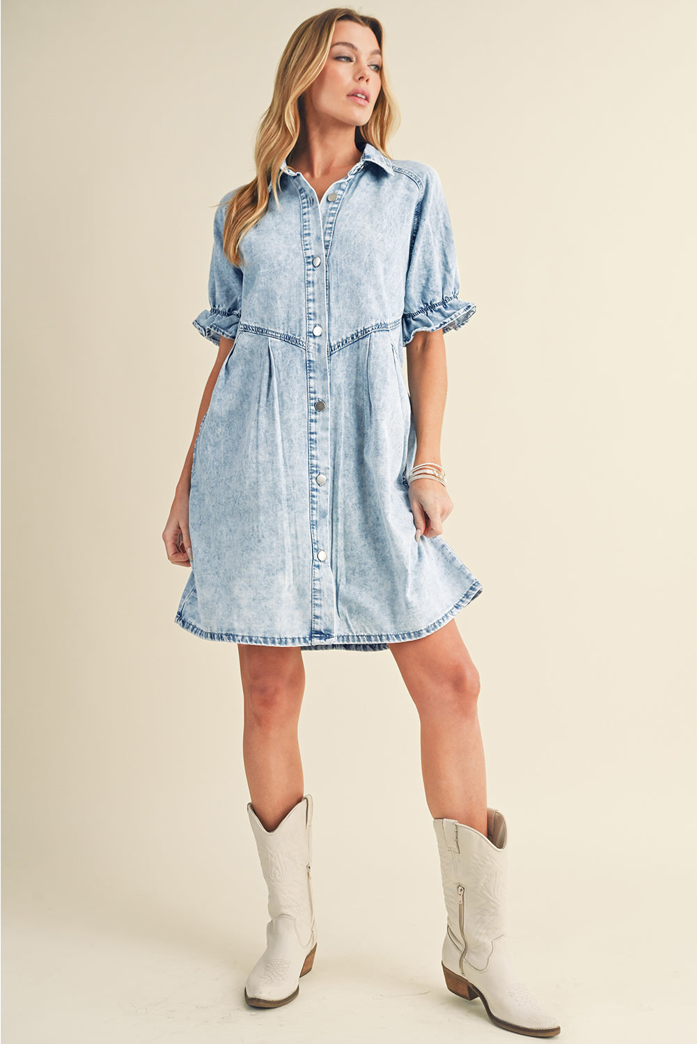 Blue Mineral Washed Ruffled Short Sleeve Pocketed Denim Dress-True and Wild