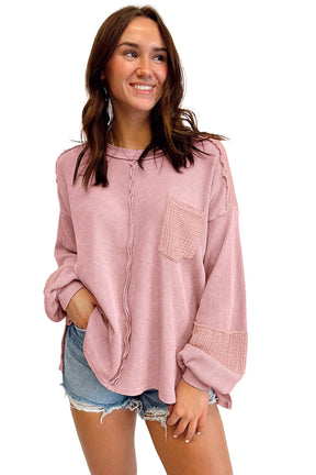 Pink Waffle and Crinkle Patchwork Long Sleeve Top-True and Wild