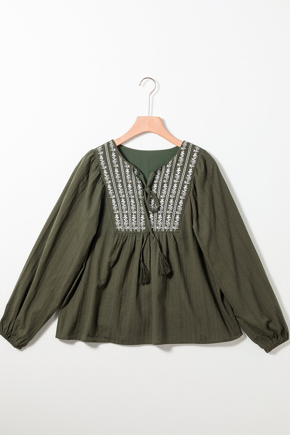 Green Embroidered Split Neck Pleated Loose Blouse-True and Wild