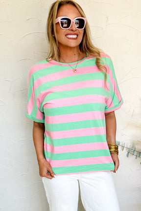 Pink Stripe Colorblock Cuffed Sleeve Loose Tee-True and Wild