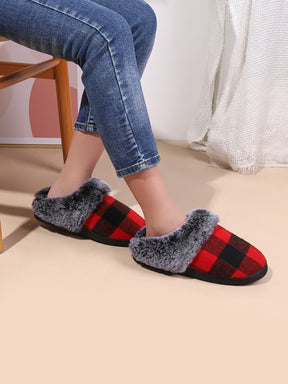 Plaid Furry Round Toe Flat Slippers-True and Wild