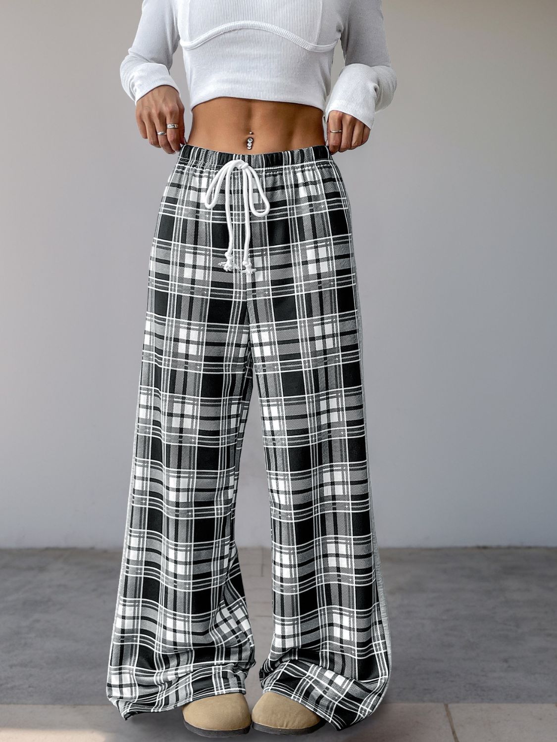 Perfee Drawstring Plaid Wide Leg Pants