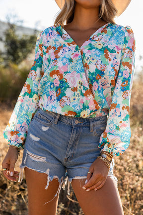 Light Blue Floral Print Boho Wrap V Neck Puff Sleeve Bodysuit-True and Wild