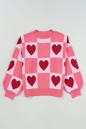 Plus Size Sweaters&Cardigans - Pink Plus Size Heart Colorblock Mock Neck Lantern Sleeve Sweater