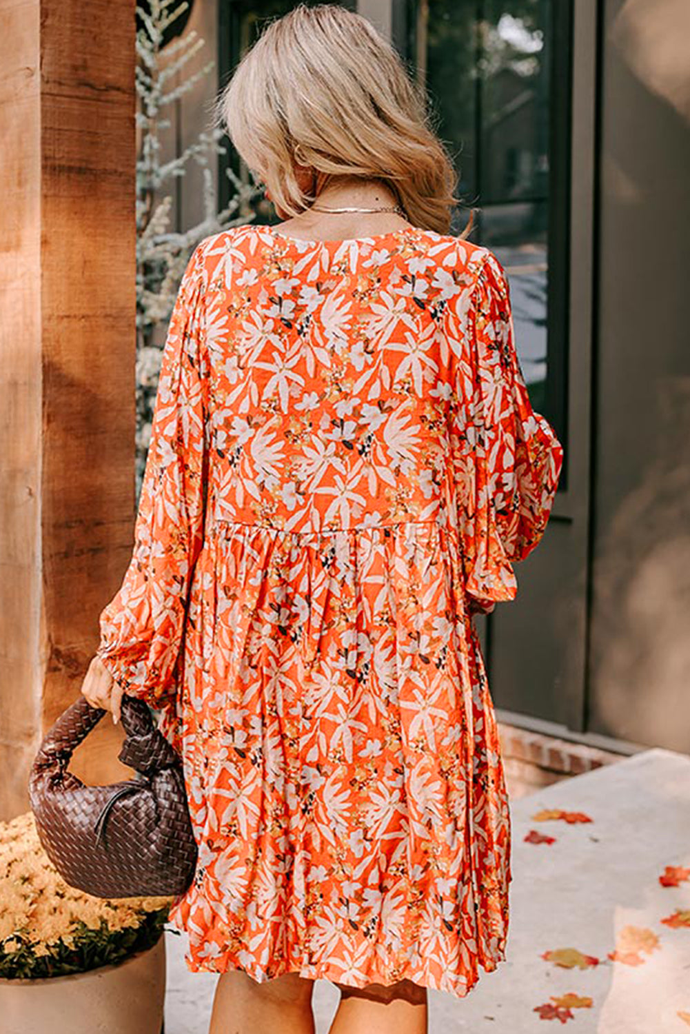 Orange Floral Print Split V Neck Bubble Sleeve Plus Size Midi Dress-True and Wild