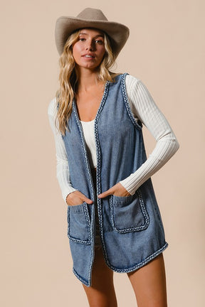 BiBi Braided Trim Open Front Denim Vest with Pockets-True and Wild