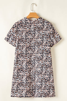 Brown Leopard Print Short Sleeve Pocket Mini Dress